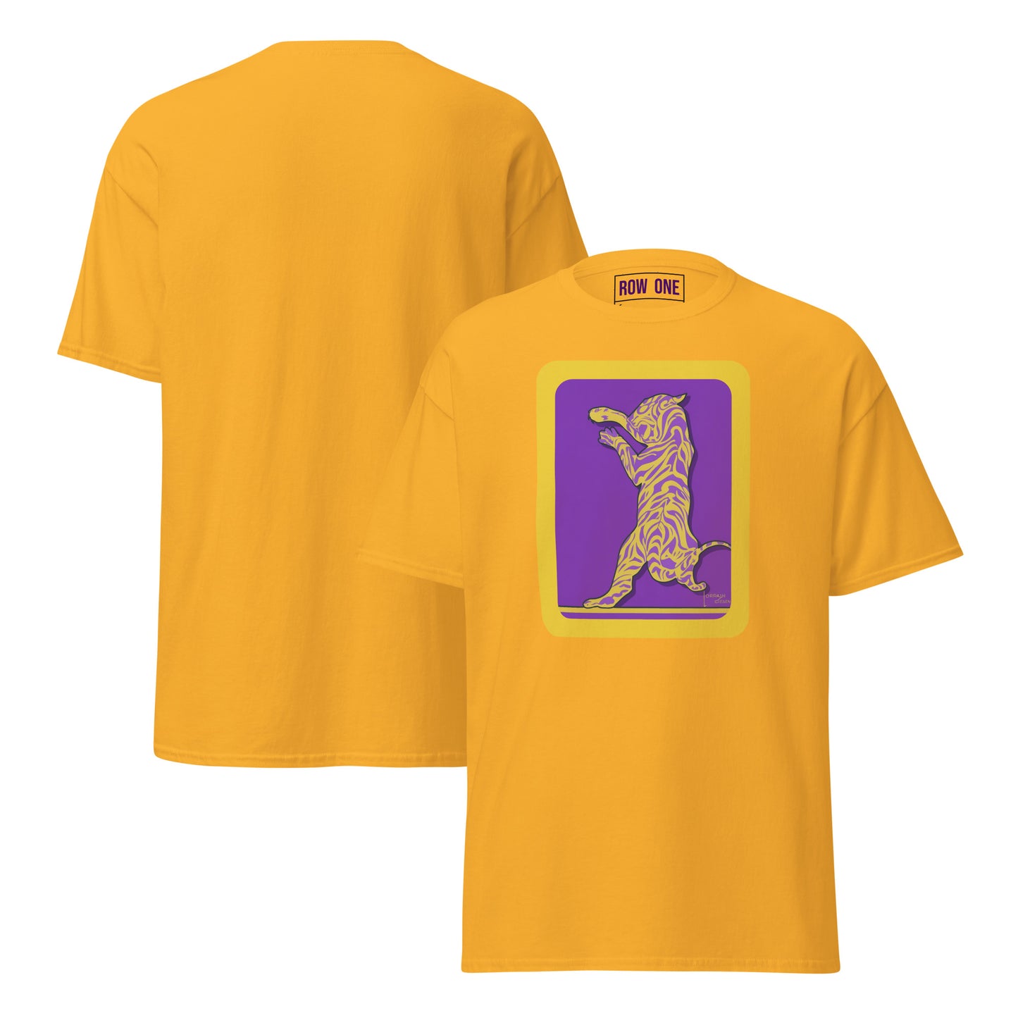 A yellow short-sleeve t-shirt shown from both front and back. The front features a graphic print of a stylized cat in a purple square with a yellow border.