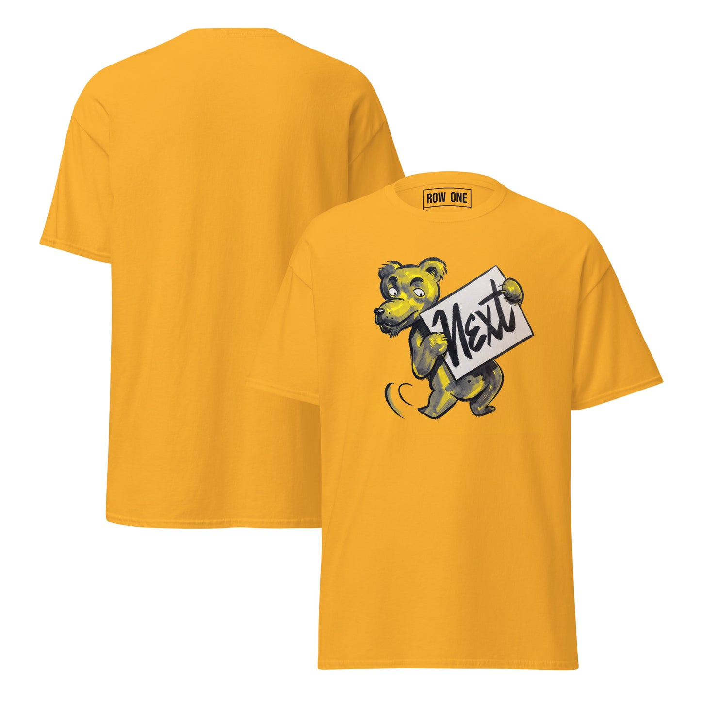 A yellow short-sleeve t-shirt shown from both front and back. The front features a cartoon bear mascot holding a sign that says 'Next' in stylized lettering.