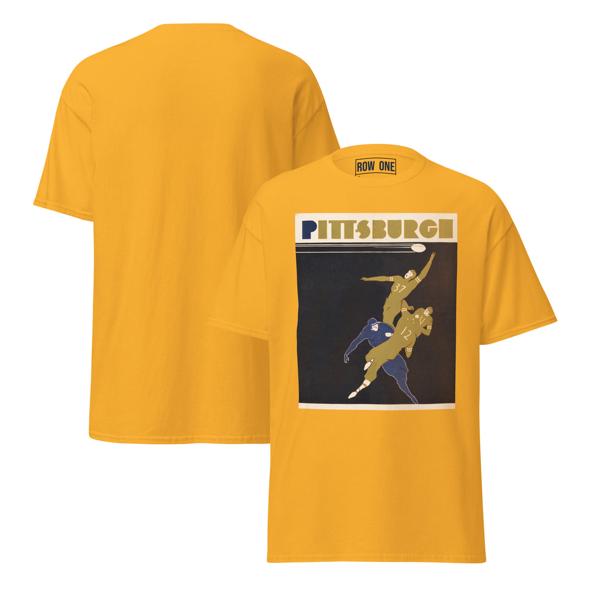 A gold yellow t-shirt shown from both the front and back. The front features a graphic print of two football players with 'PITTSBURGH' written above them, and a small 'ROW ONE' brand label printed inside the collar.