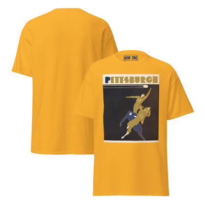 A gold yellow t-shirt shown from both the front and back. The front features a graphic print of two football players with 'PITTSBURGH' written above them, and a small 'ROW ONE' brand label printed inside the collar.