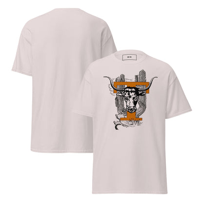 A light beige crewneck t-shirt shown from both front and back. The front features a graphic print of a longhorn steer's head with a black and white sketch style