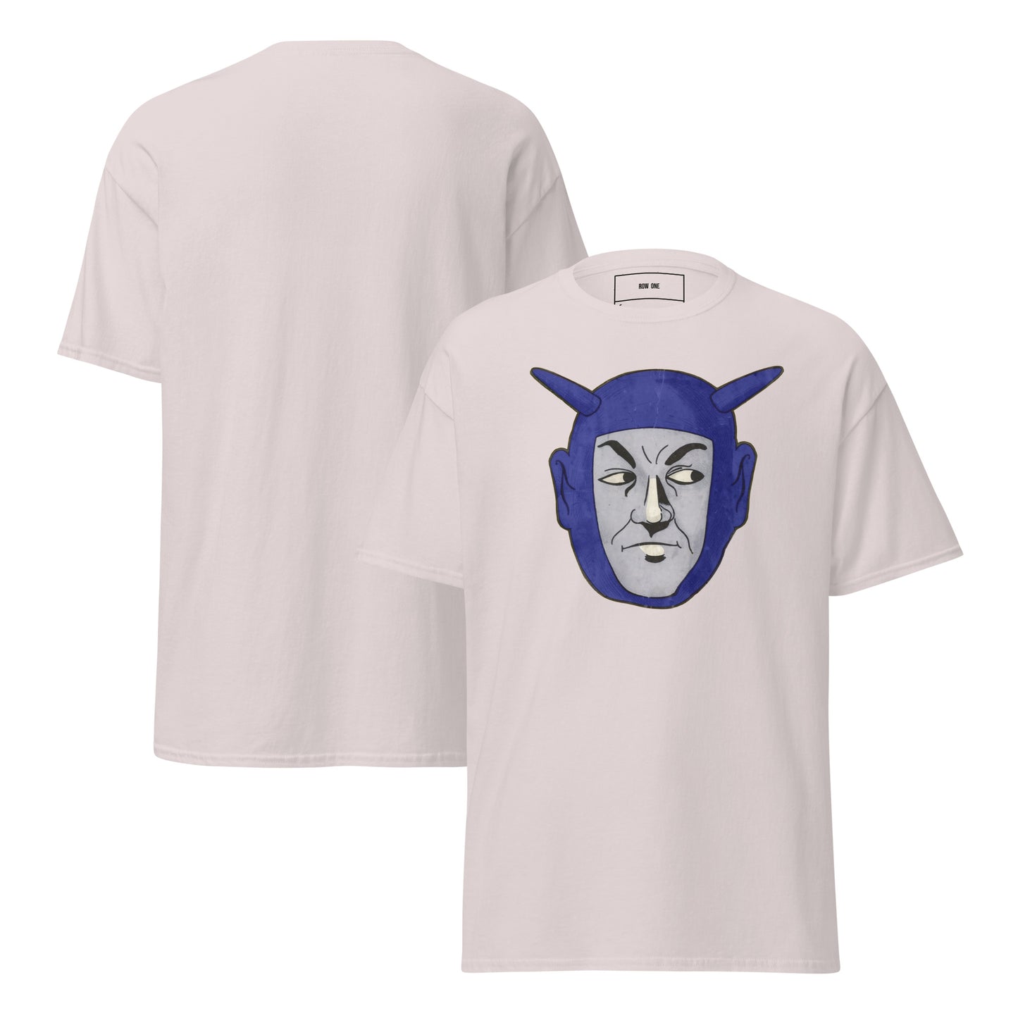 A light beige crewneck t-shirt shown from both the front and back. The front features a graphic print of a stylized blue and gray character helmet.