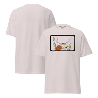 Row One Brand vintage college tee with cartoon longhorn and tiger art graphic and Row One trademark in neck inside