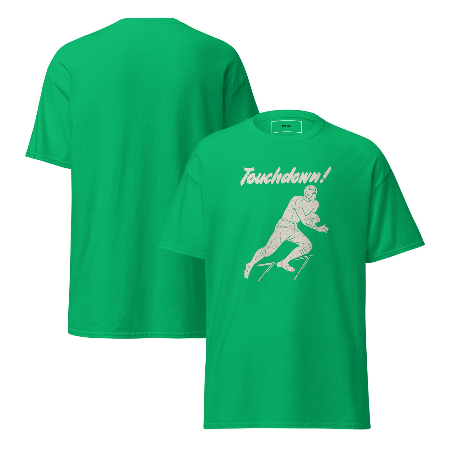 Vintage Touchdown Tee with 1930s football player graphic on green tee