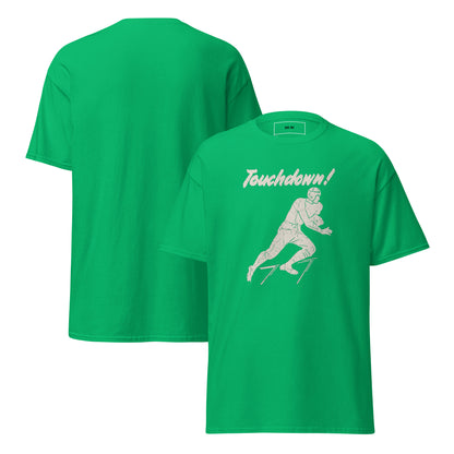 Vintage Touchdown Tee with 1930s football player graphic on green tee