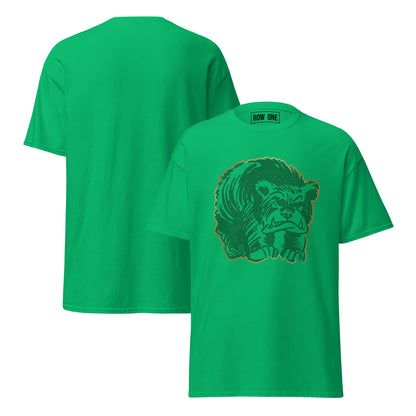 Row One™ trademark inside label tee with front graphic design green t-shirt with a 1950s bear on the chest, shown from front and back views.