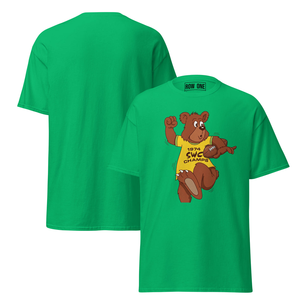 A bright green short-sleeve t-shirt shown from both front and back. The front features a cartoon graphic of a brown grizzly bear wearing a yellow '1974 SWC CHAMPS' shirt and holding a football.