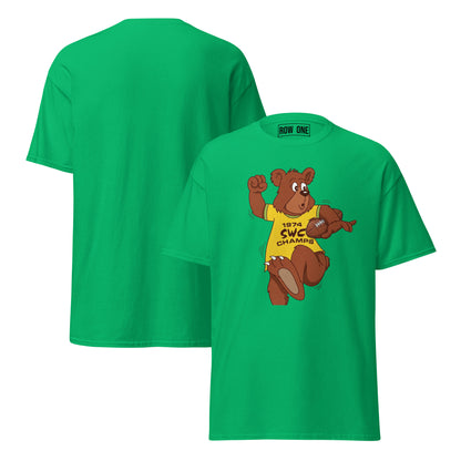 A bright green short-sleeve t-shirt shown from both front and back. The front features a cartoon graphic of a brown grizzly bear wearing a yellow '1974 SWC CHAMPS' shirt and holding a football.