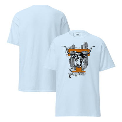 A light blue short-sleeve t-shirt shown from both front and back. The front features a detailed graphic of a longhorn steer's head with a black and white illustration, and the letter T with Row One™ trademark on inside collar label