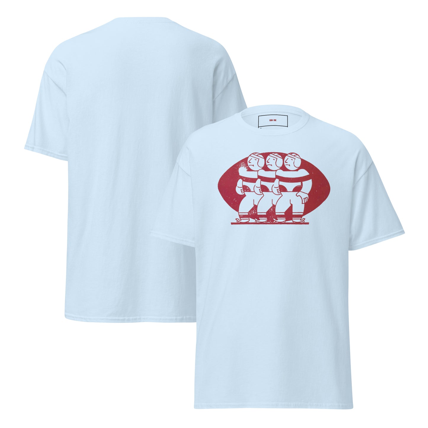 A light blue short-sleeve t-shirt shown from both the front and back. The front features a red graphic of three stylized football players inside a red oval football.