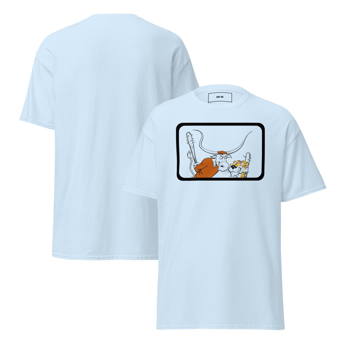 Row One Brand vintage college tee with cartoon longhorn and tiger art graphic and Row One trademark in neck inside