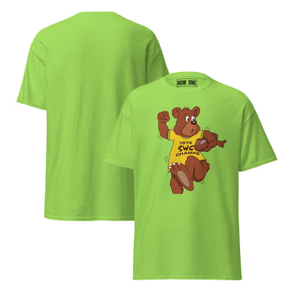 A bright lime green t-shirt shown from both the front and back. The front features a cartoon graphic of a brown bear wearing a yellow shirt that reads '1974 SWC CHAMPS'.