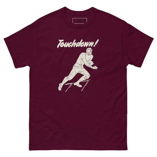 Vintage Touchdown Tee with 1930s football player graphic on maroon tee
