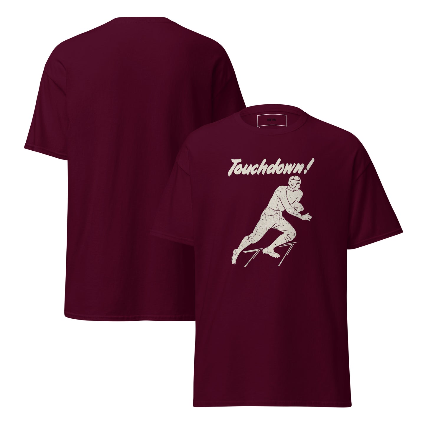 Vintage Touchdown Tee with 1930s football player graphic on maroon tee
