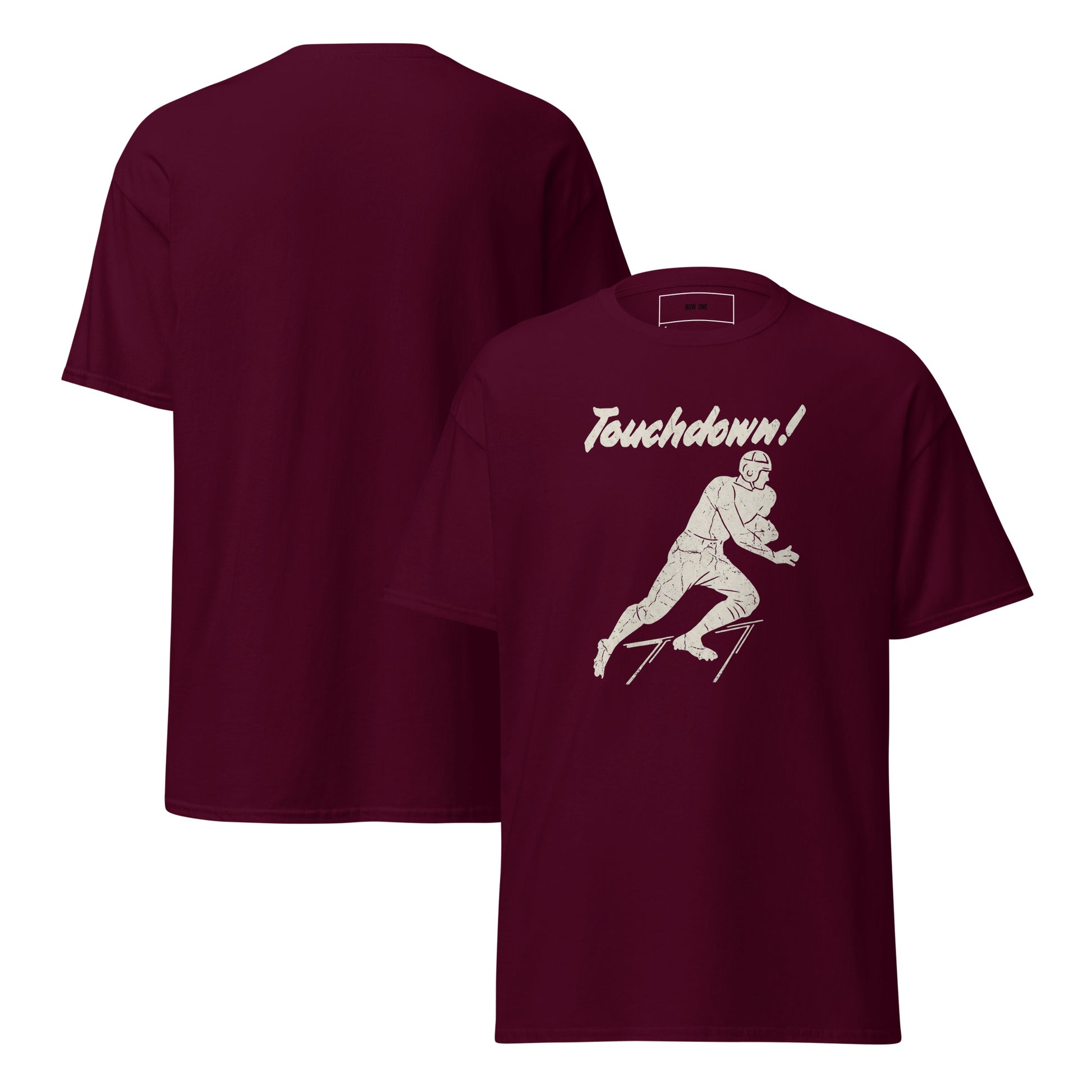 Vintage Touchdown Tee with 1930s football player graphic on maroon tee