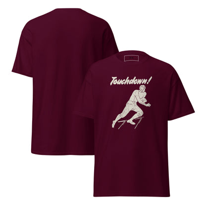 Vintage Touchdown Tee with 1930s football player graphic on maroon tee