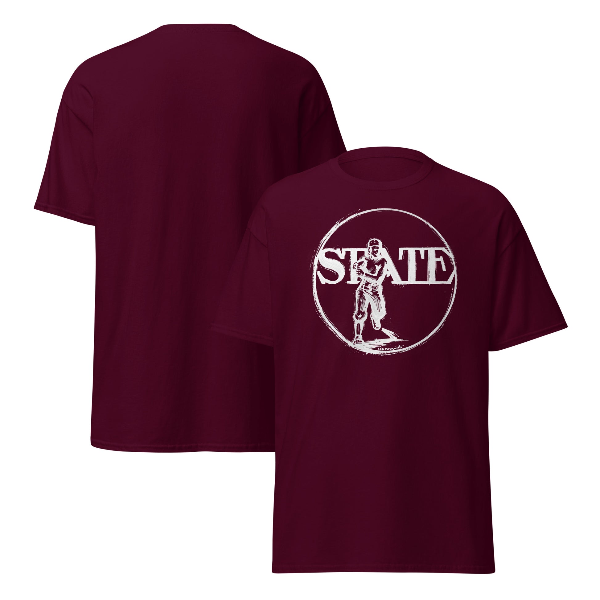 Row One Brand Vintage Sports Tee Maroon tee with vintage early 1900s "State" football player art design on a white background