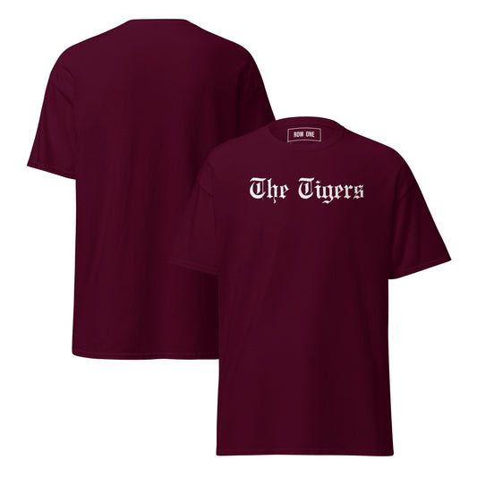 Maroon t-shirt with "The Tigers" on a white background and Row One trademark in label.