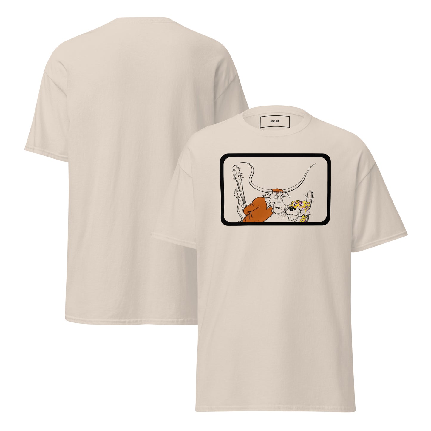 Row One Brand vintage college tee with cartoon longhorn and tiger art graphic and Row One trademark in neck inside
