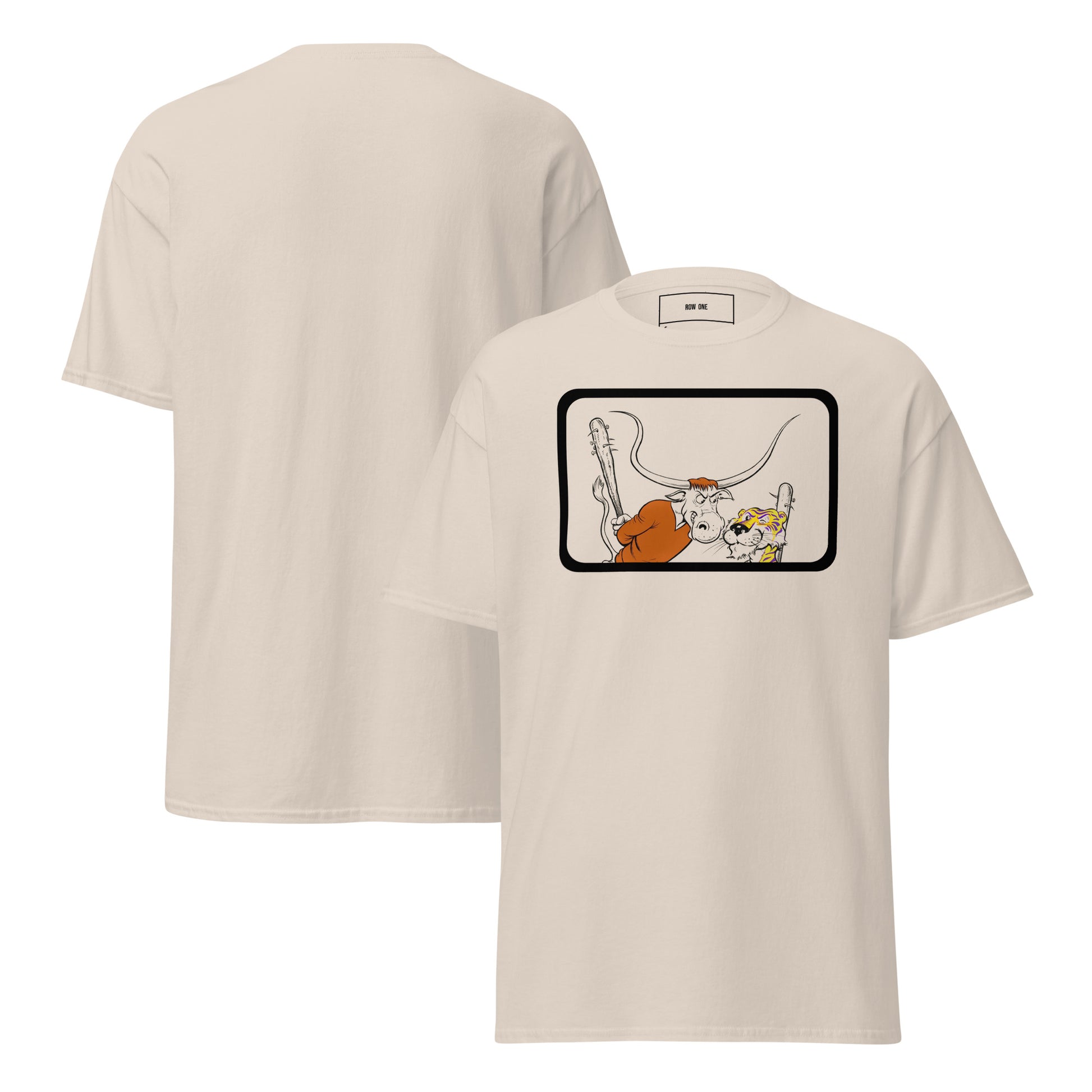 Row One Brand vintage college tee with cartoon longhorn and tiger art graphic and Row One trademark in neck inside