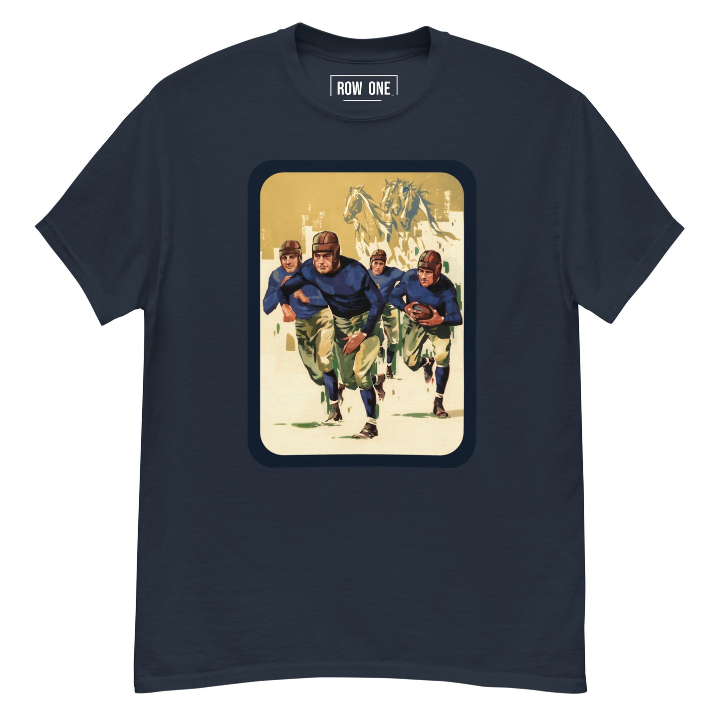 A navy blue crewneck t-shirt featuring a vintage-style graphic print of football players on the front. The graphic has a beige background with a dark blue border and shows players in blue and green uniforms.