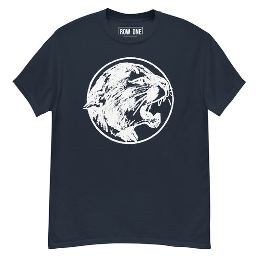 A navy blue crewneck t-shirt with a white distressed graphic of a roaring cougar inside a circle on the chest, and a small 'ROW ONE' brand label printed inside the collar.