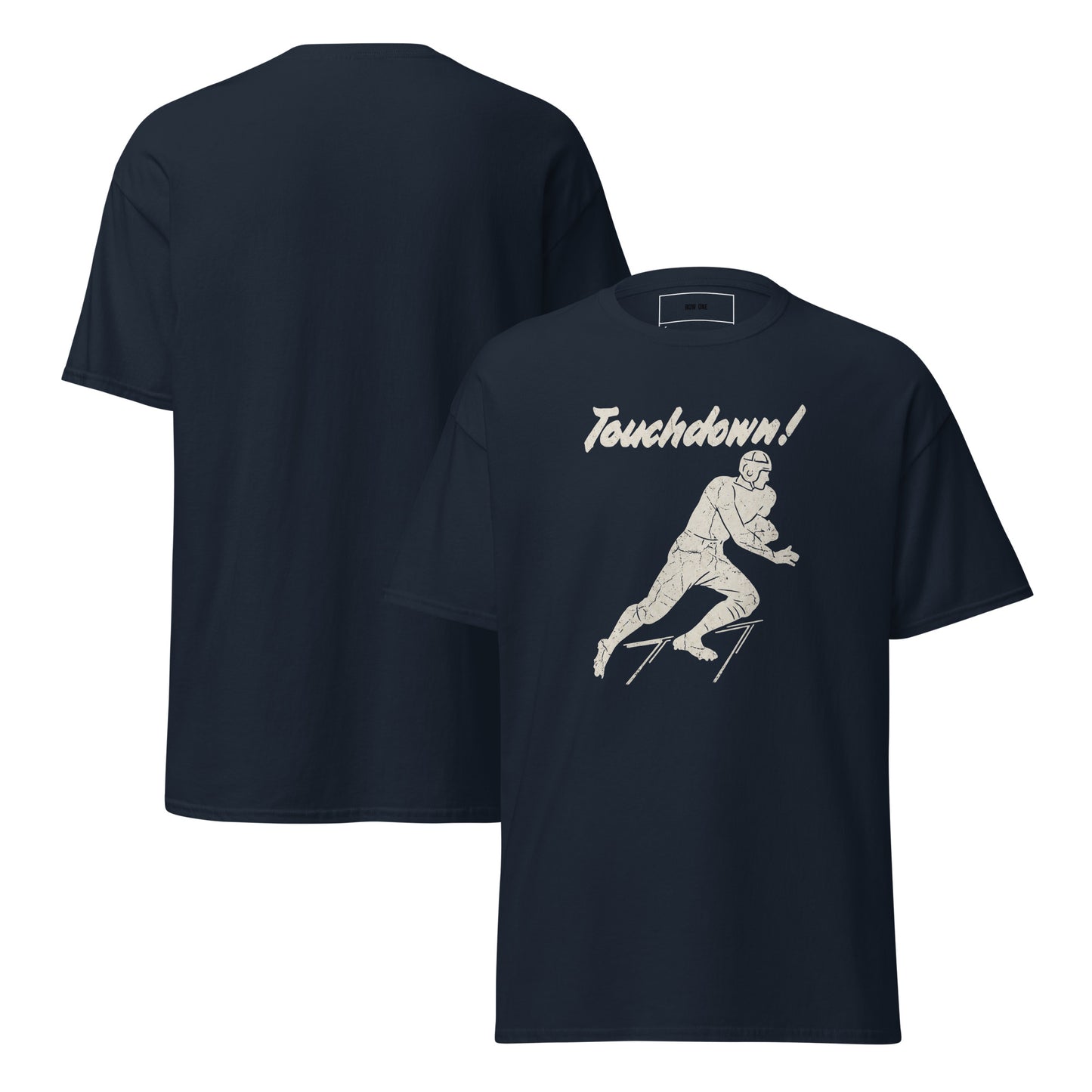Vintage Touchdown Tee with 1930s football player graphic on navy tee