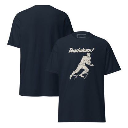 Vintage Touchdown Tee with 1930s football player graphic on navy tee