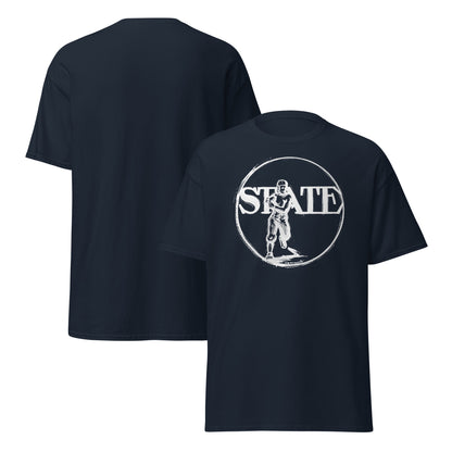 Row One Brand Vintage Sports Tee Navy Blue tee with vintage early 1900s "State" football player art design on a white background