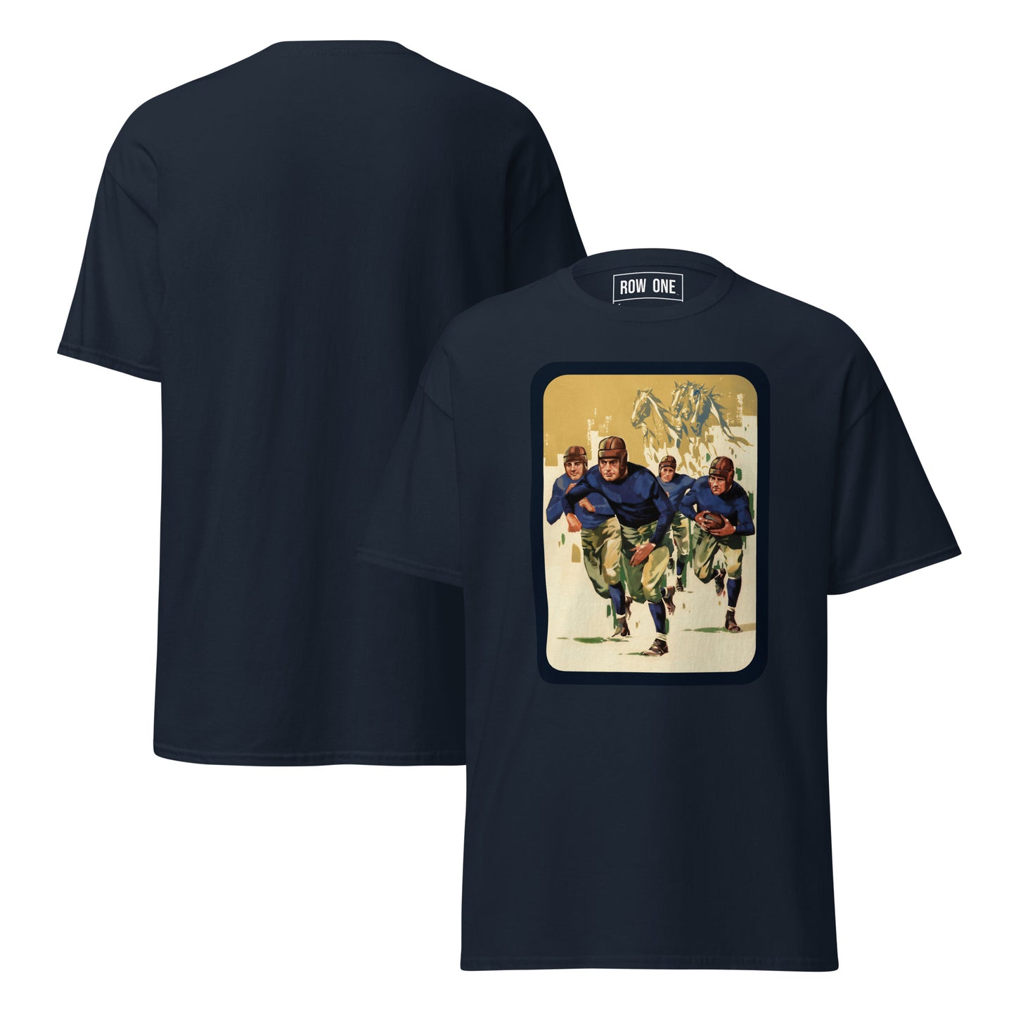 A navy blue t-shirt shown from both front and back. The front features a large rectangular graphic print depicting soldiers in combat boots and camouflage pants, with a POW ONE brand label visible inside the collar.