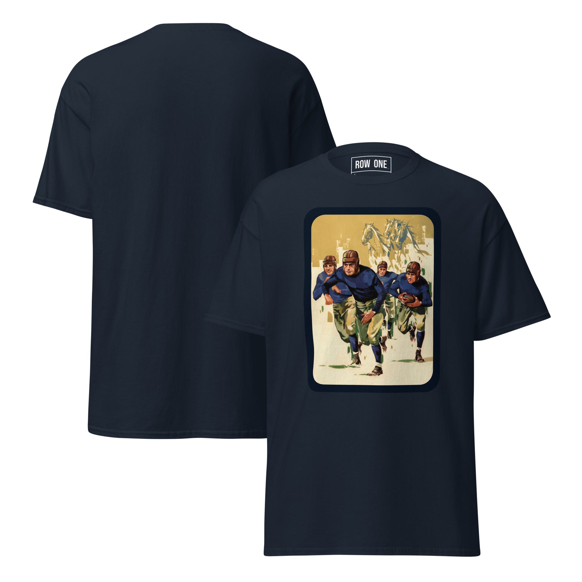 A navy blue t-shirt shown from both front and back. The front features a large rectangular graphic print depicting soldiers in combat boots and camouflage pants, with a POW ONE brand label visible inside the collar.
