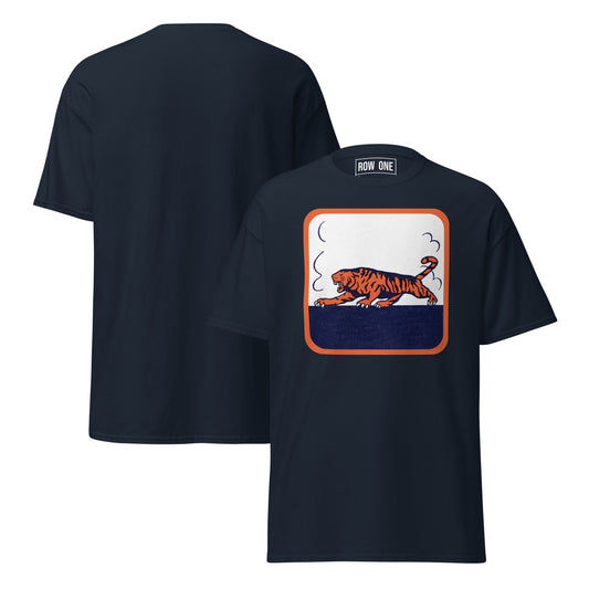 A navy blue crewneck t-shirt featuring a retro-style graphic of a walking tiger in orange and navy, framed by an orange border on a white background. The brand name 'ROW ONE' is printed inside the collar.