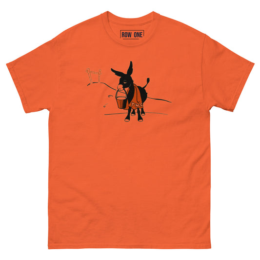 An orange crewneck t-shirt featuring a graphic of a black donkey wearing an orange harness and carrying a bucket, with the brand name 'ROW ONE' printed inside the collar.
