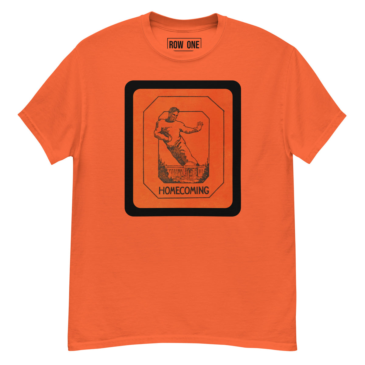 An orange short-sleeve crewneck t-shirt with a black graphic on the chest depicting a football player and the word 'HOMECOMING'. The inside collar features a black label with the brand 'ROW ONE'.