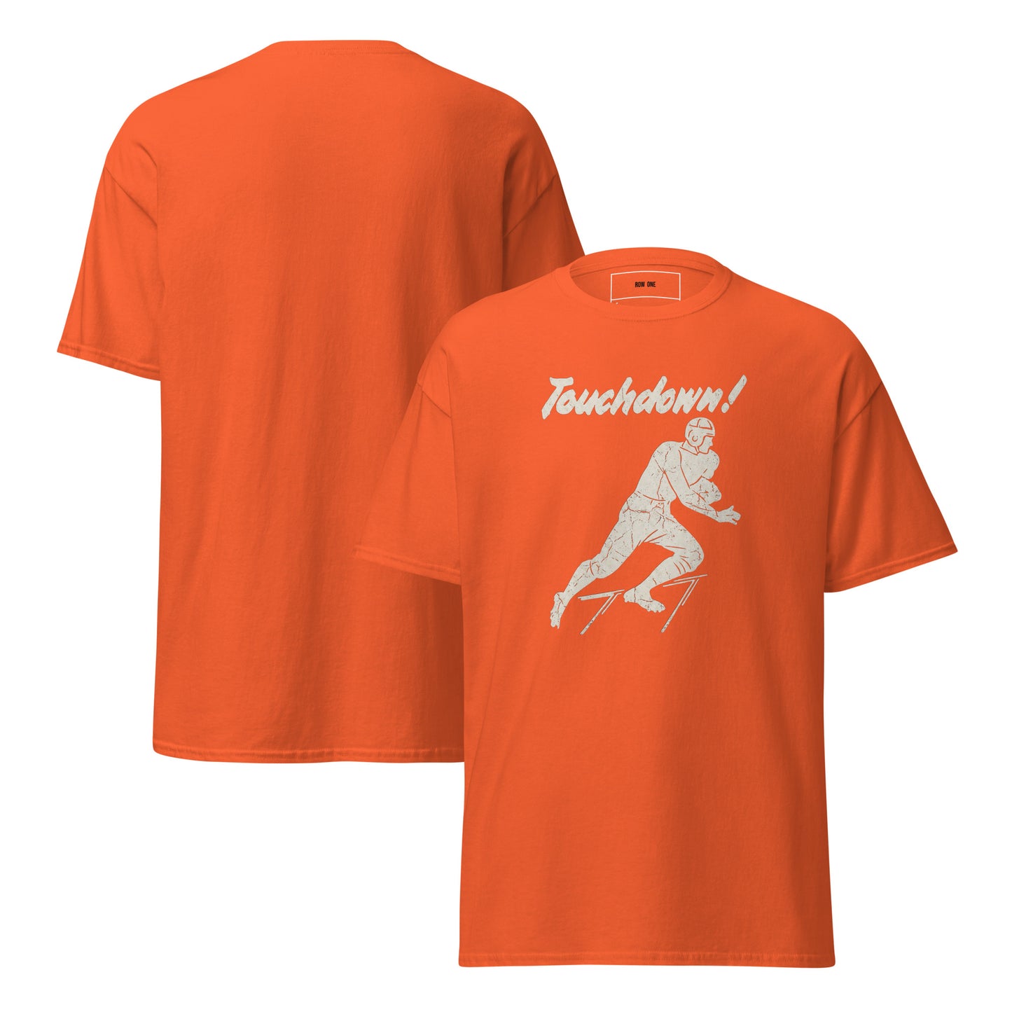 Vintage Touchdown Tee with 1930s football player graphic on orange tee