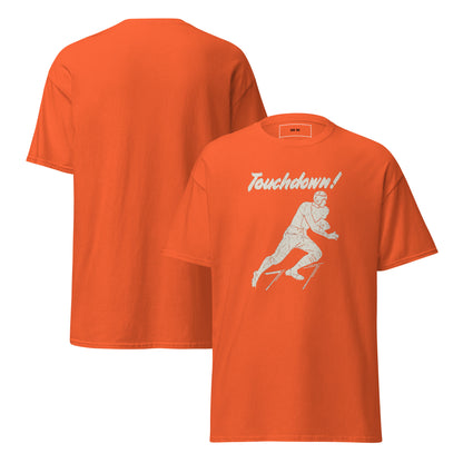 Vintage Touchdown Tee with 1930s football player graphic on orange tee