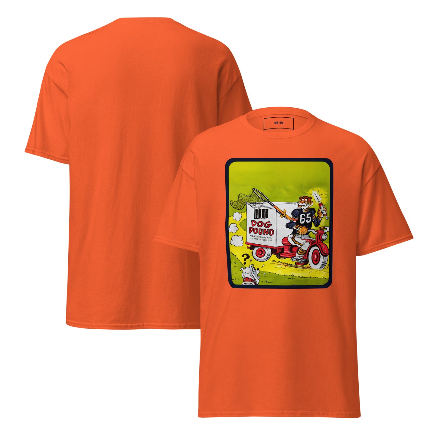 An orange short-sleeve t-shirt shown from both front and back. The front features a large square graphic print on the chest depicting a tiger with a net riding a vehicle labeled "Dog Pound" and a bulldog with a question mark over his head.
