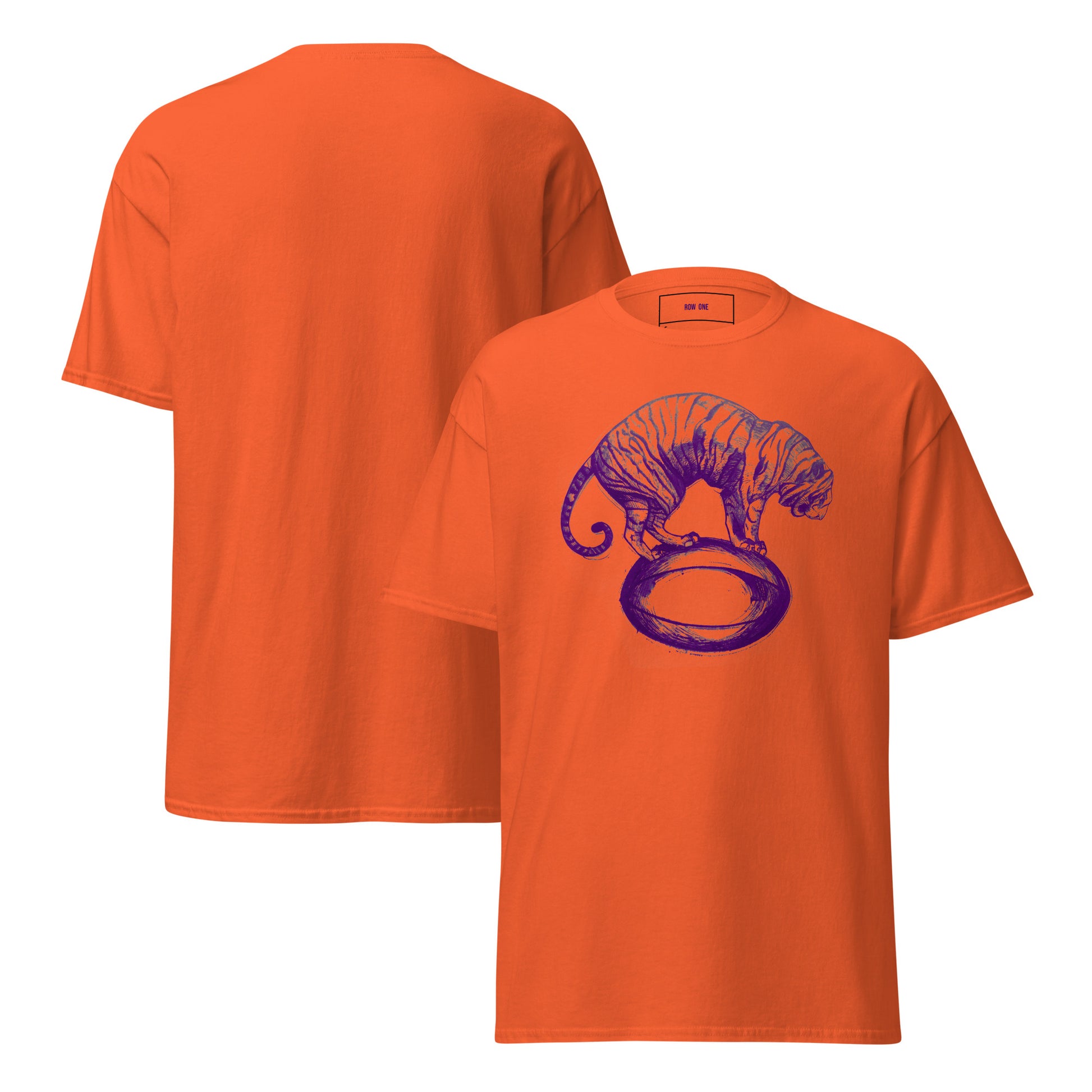 A Row One Brand vintage college football tee orange short-sleeve crewneck t-shirt shown from both the front and back. The front features a purple line-art graphic of a tiger standing on a early 1900s round football.