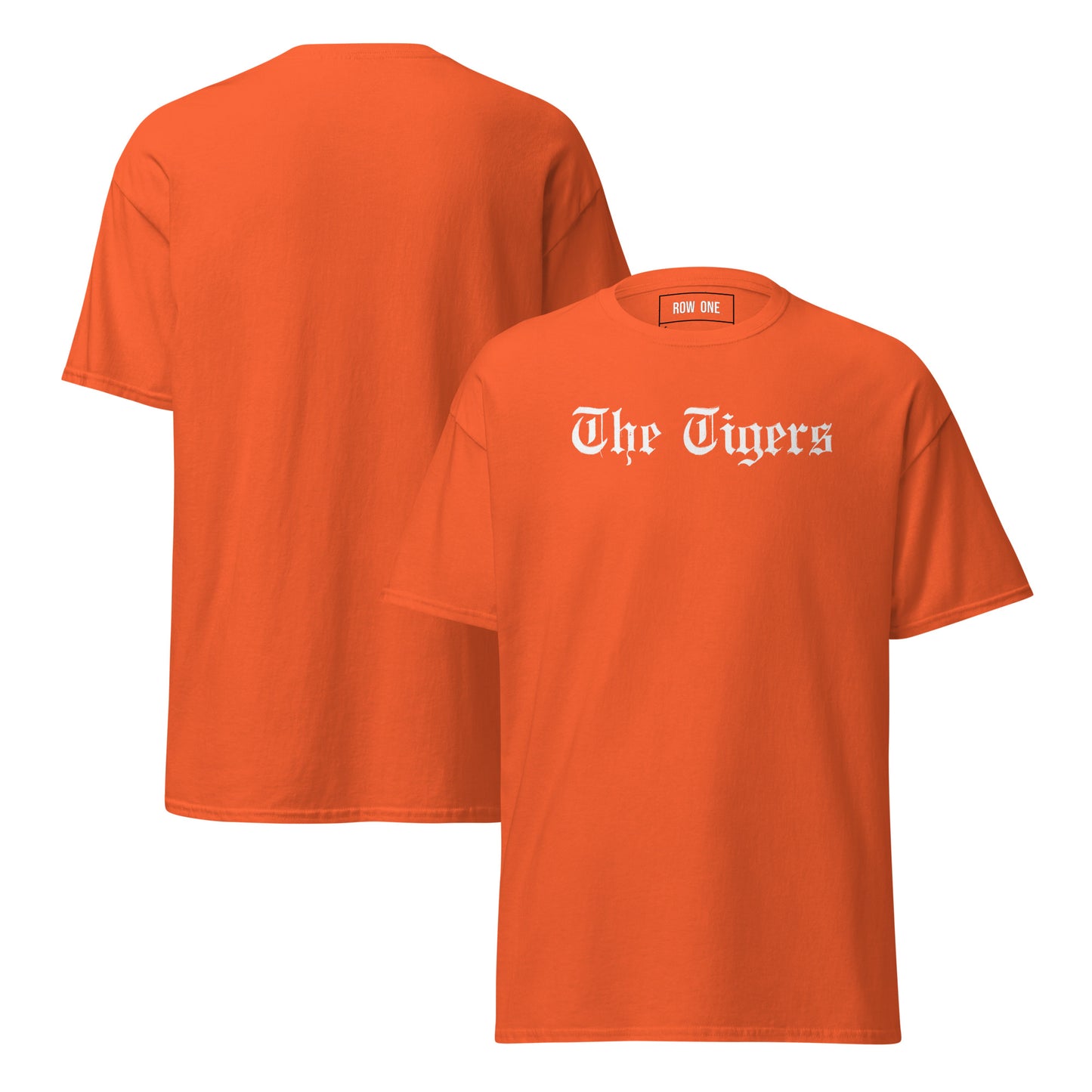 Orange t-shirt with "The Tigers" on a white background and Row One trademark in label.