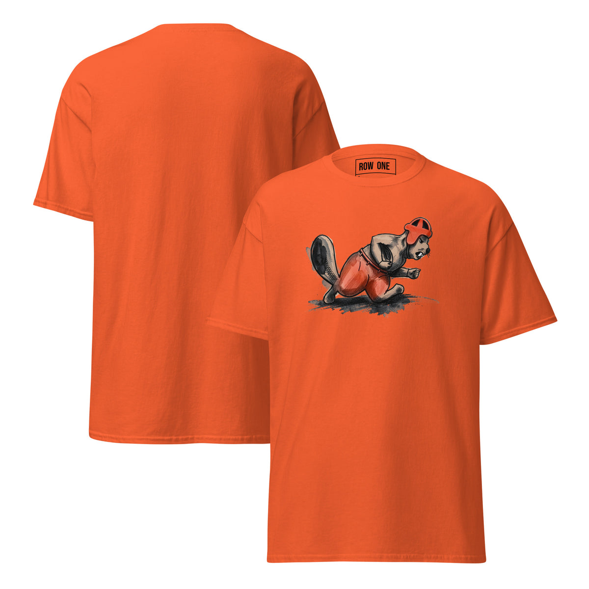 Row One Brand Orange cotton t-shirt vintage college football tee with 1950s cartoon beaver running back graphics