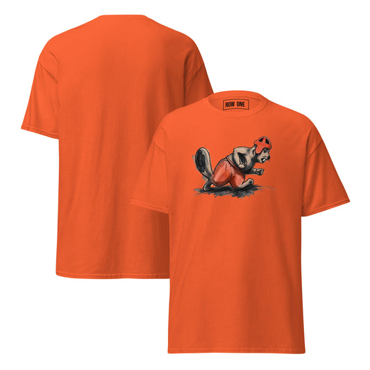Row One Brand Orange cotton t-shirt vintage college football tee with 1950s cartoon beaver running back graphics