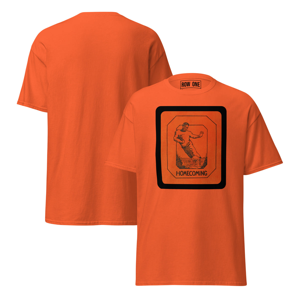 An orange short-sleeve t-shirt shown from both front and back. The front features a large black and orange graphic on the chest depicting a vintage football player in motion inside a bordered square, with the word 'HOMECOMING' printed below.