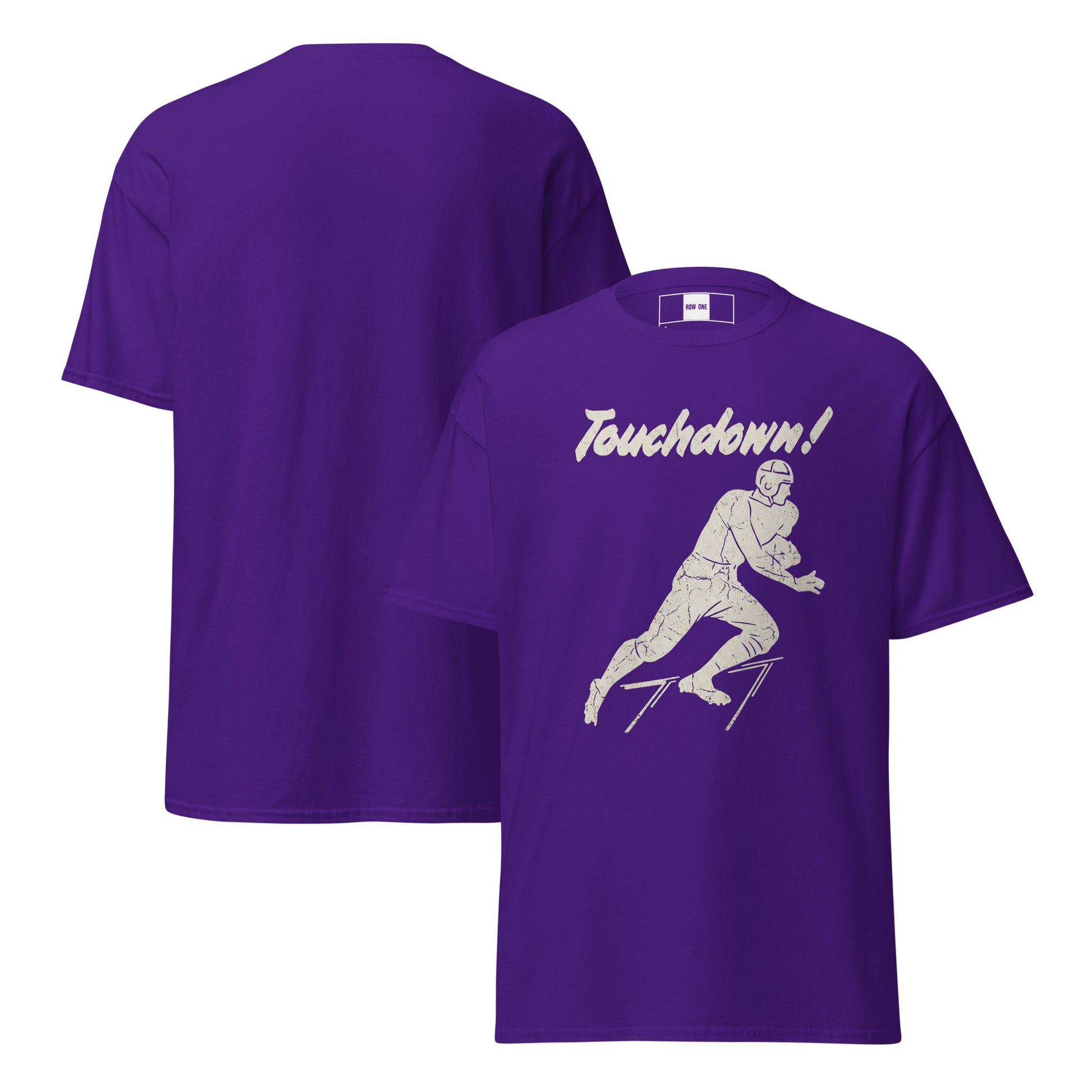 Purple t-shirts with vintage football touchdown graphics from 1930s