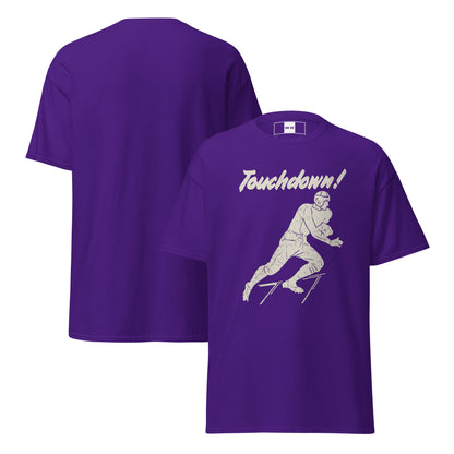 Purple t-shirts with vintage football touchdown graphics from 1930s