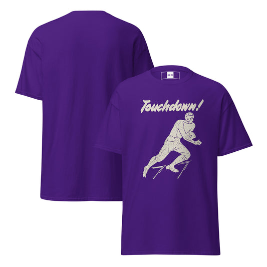 Purple t-shirts with vintage football touchdown graphics from 1930s