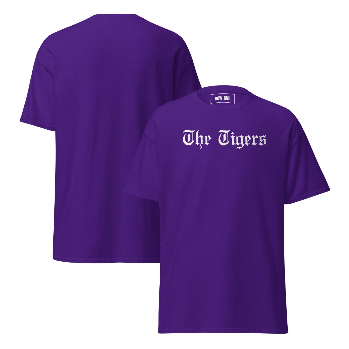 Purple t-shirt with "The Tigers" on a white background and Row One trademark in label.