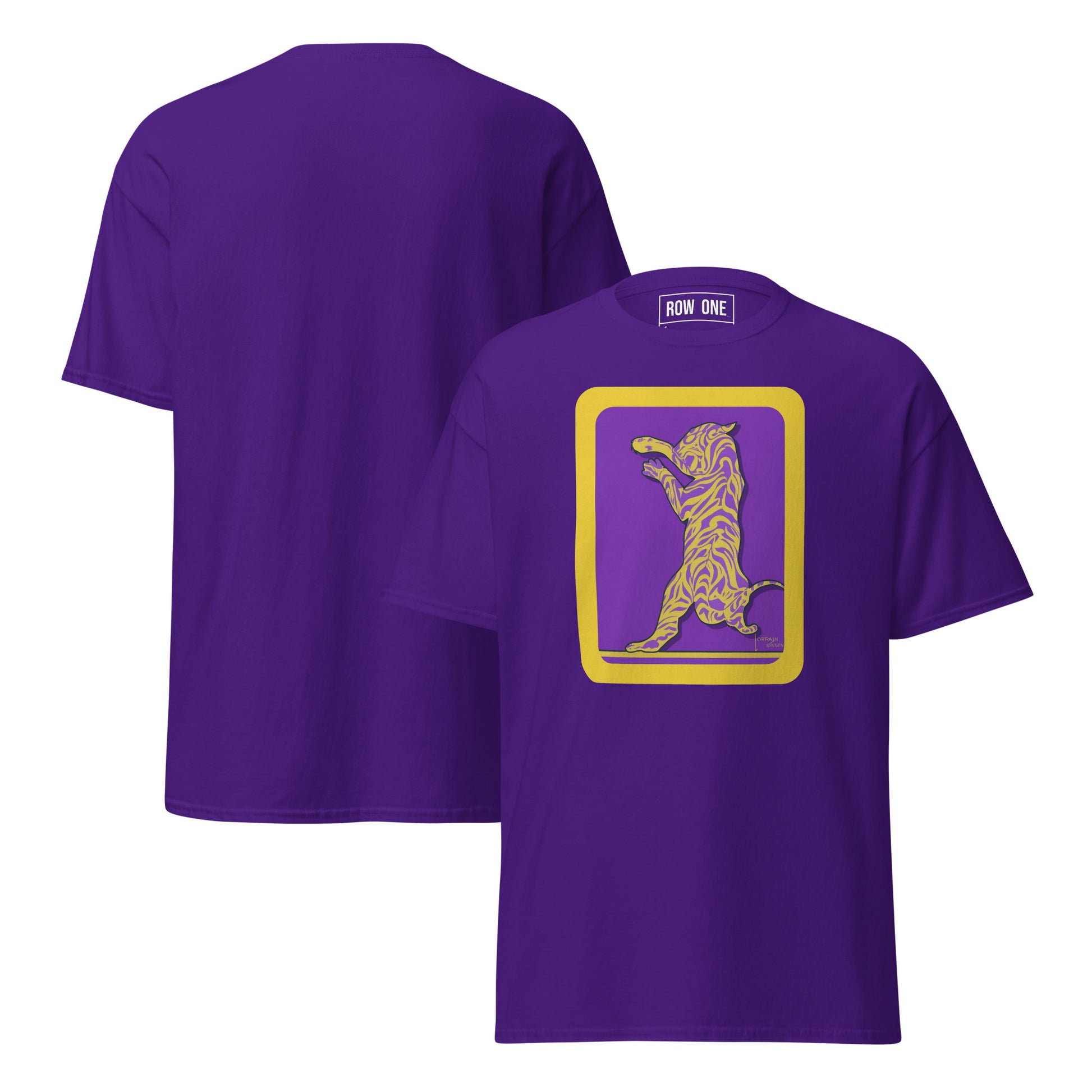 A purple short-sleeve t-shirt shown from both front and back. The front features a large graphic of a stylized tiger in gold and purple within a gold border on the chest.