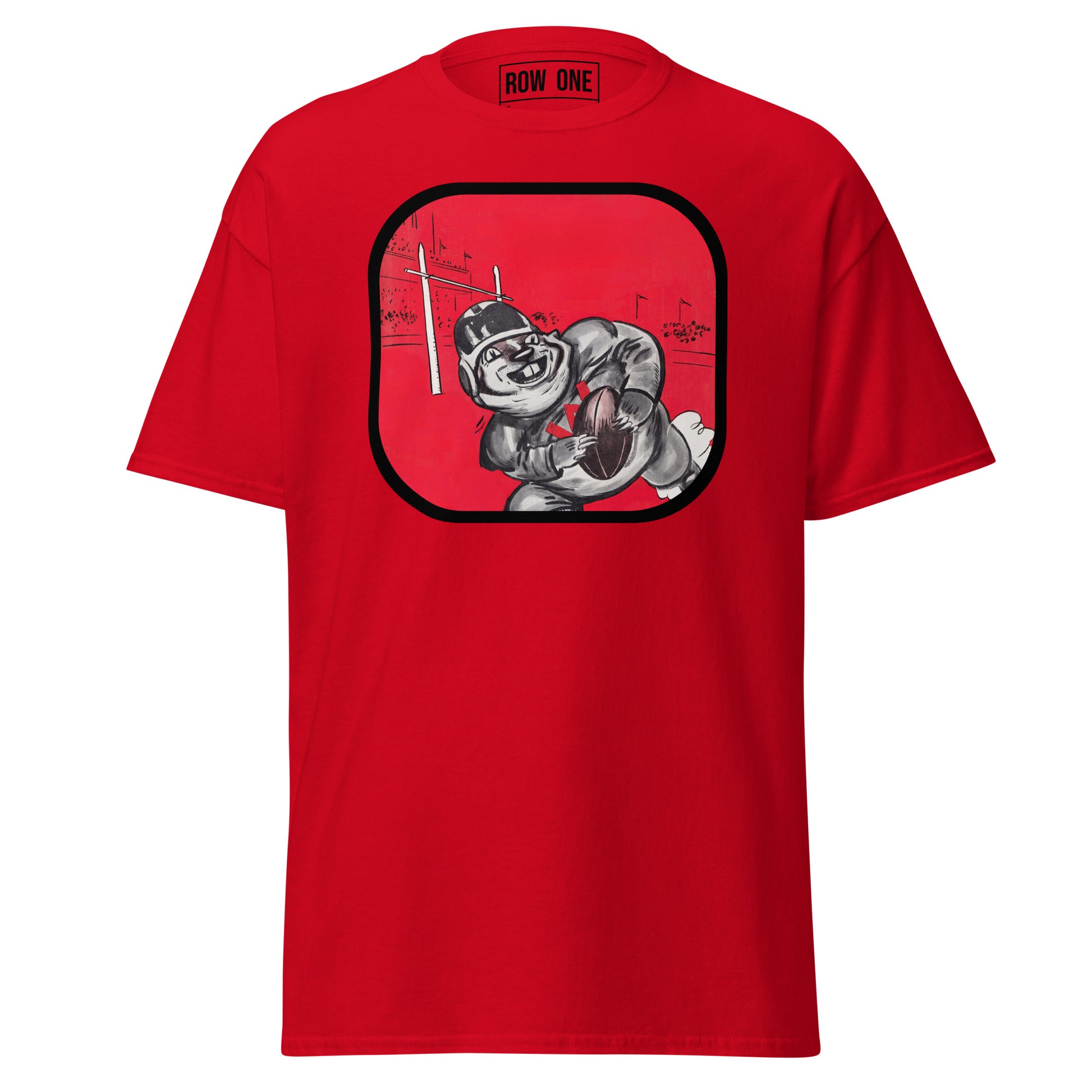 A red short-sleeve crewneck t-shirt with a large graphic print on the front. The graphic features a cartoon illustration of a football player inside a rounded square with a black border.