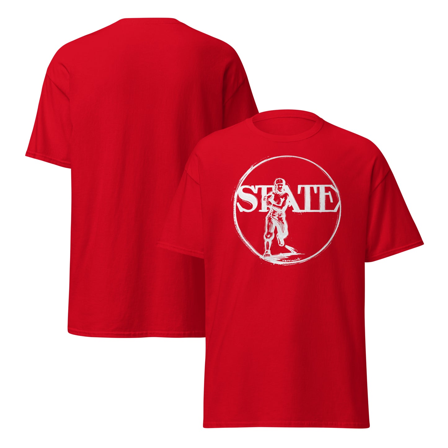A red short-sleeve crewneck t-shirt shown from both the front and back. The front features a white circular graphic with a football player silhouette and the word 'STATE' in a distressed font.