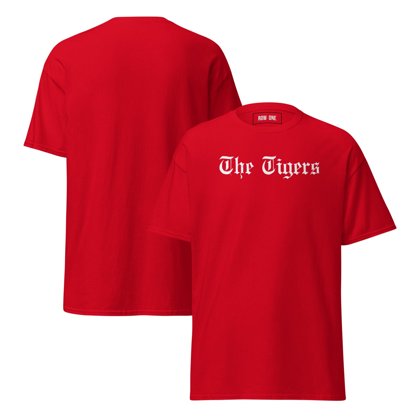 Red t-shirt with "The Tigers" on a white background and Row One trademark in label.